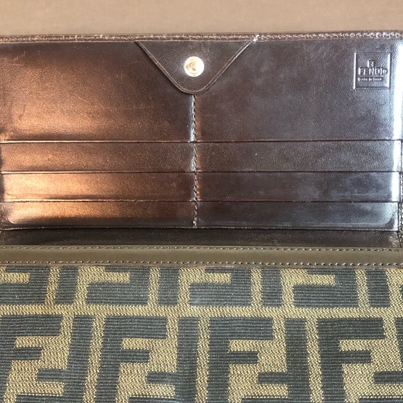 FENDI Zucca Navy Canvas and Brown Leather Snap Wallet 8 Credit Cards 4 Billfolds - Picture 9 of 16